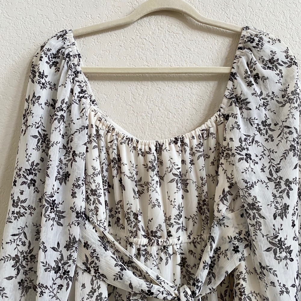 Thirty Thirty‎ LA Babydoll Mini Dress Floral White Black Prairie Ruffle Size L - Picture 7 of 12
